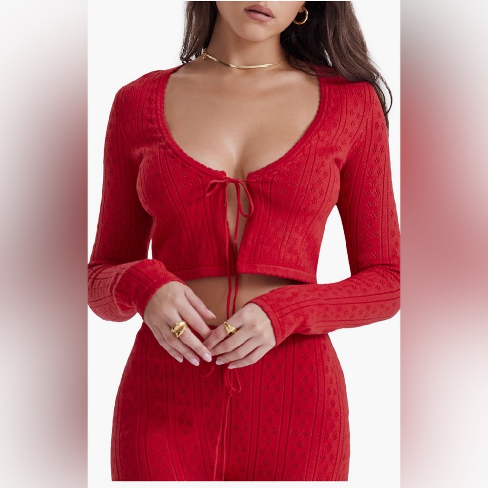 House of CB Perla Tie Front Pointelle Crop Cardigan size M